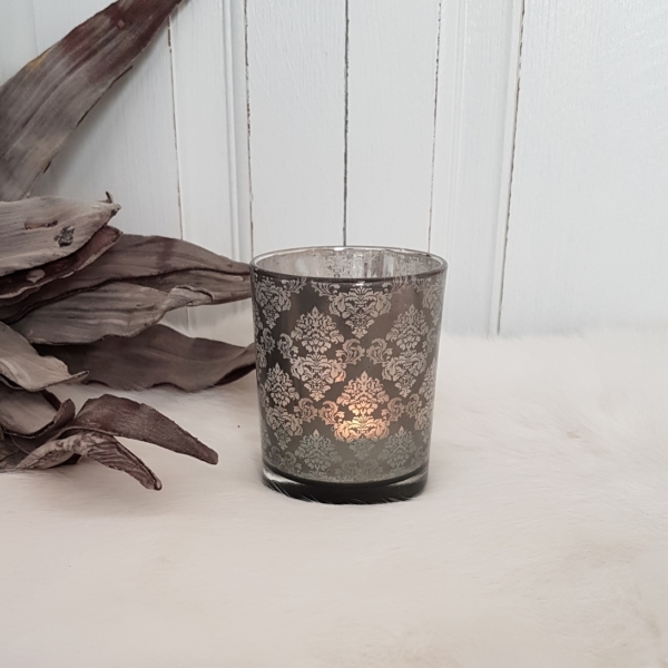 Windlicht "Ornament" - grau - Glas lackiert - Höhe 8 cm