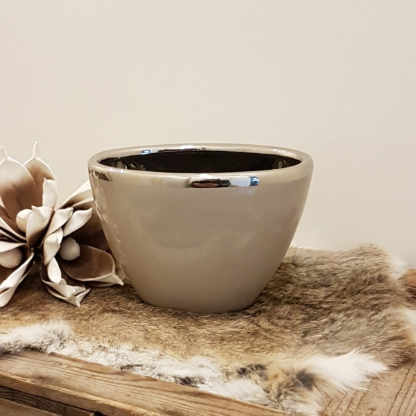 Übertopf - Keramik - oval - taupe / silber - Breite 20 cm