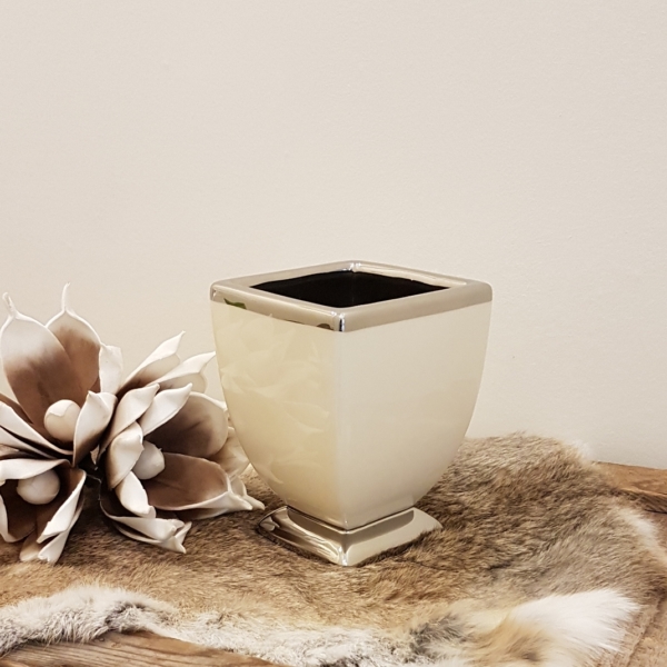 Tischvase / Übertopf - Keramik - quadratisch - creme / silber - Höhe 15 cm