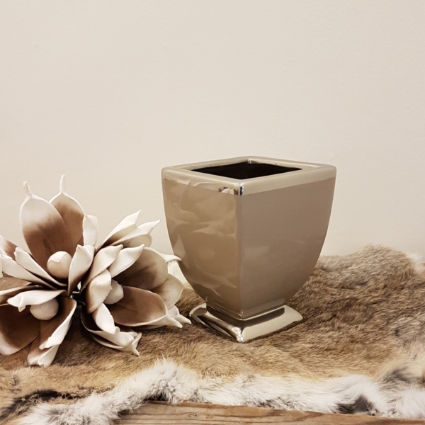 Tischvase / Übertopf - Keramik - quadratisch - taupe / silber - Höhe 15 cm