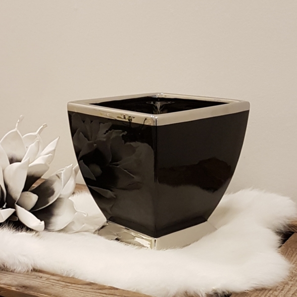 Tischvase / Übertopf - Keramik - quadratisch - schwarz / silber - Höhe 16 cm