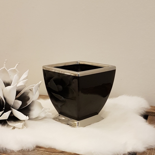 Tischvase / Übertopf - Keramik - quadratisch - schwarz / silber - Höhe 13 cm