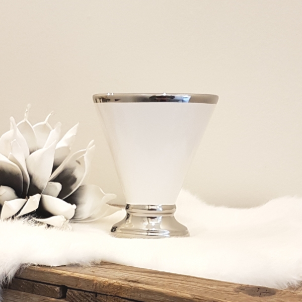 kleine Tischvase - Keramik - Trichterform - weiß / silber - Höhe 15 cm – Bild 2