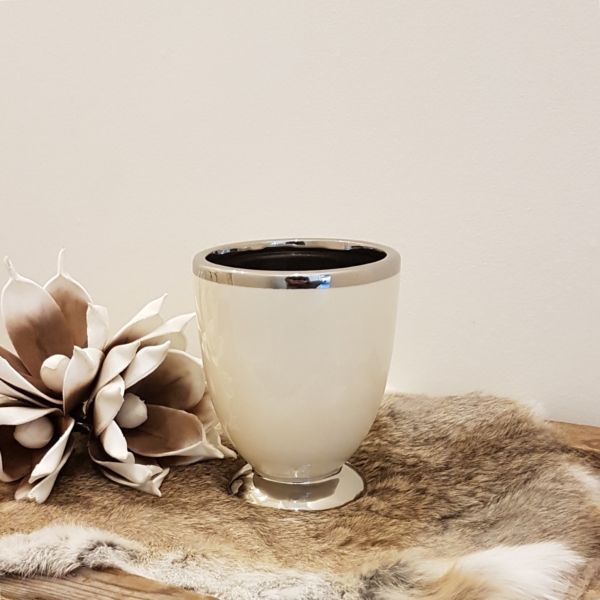 Tischvase / Übertopf - Keramik - rund - creme / silber - Höhe 14,5 cm