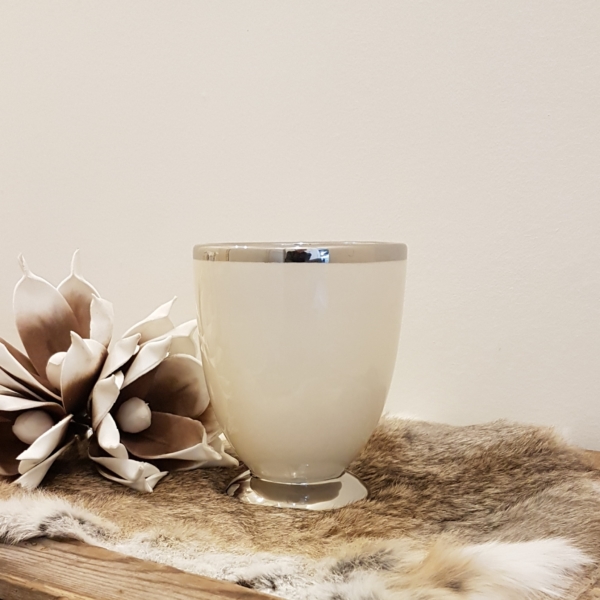 Tischvase / Übertopf - Keramik - rund - creme / silber - Höhe 14,5 cm – Bild 2
