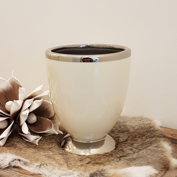 Tischvase / Übertopf - Keramik - rund - creme / silber - Höhe 19,5 cm