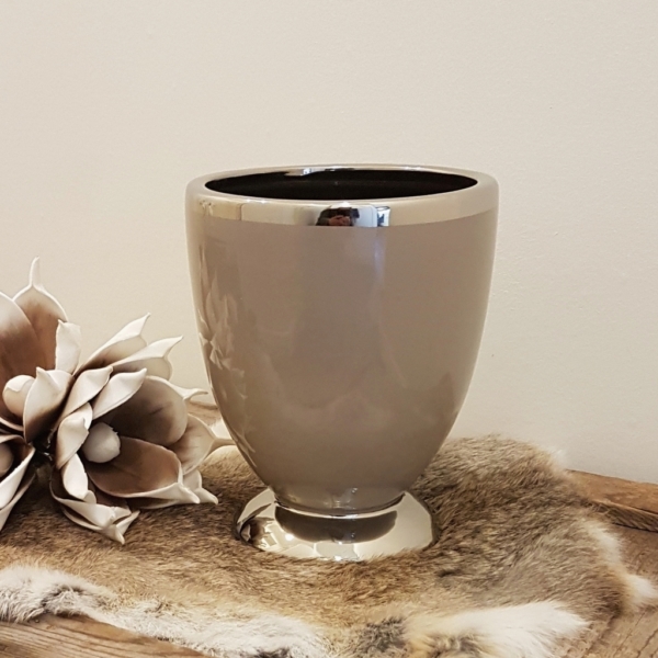 Tischvase / Übertopf - Keramik - rund - taupe / silber - Höhe 19,5 cm