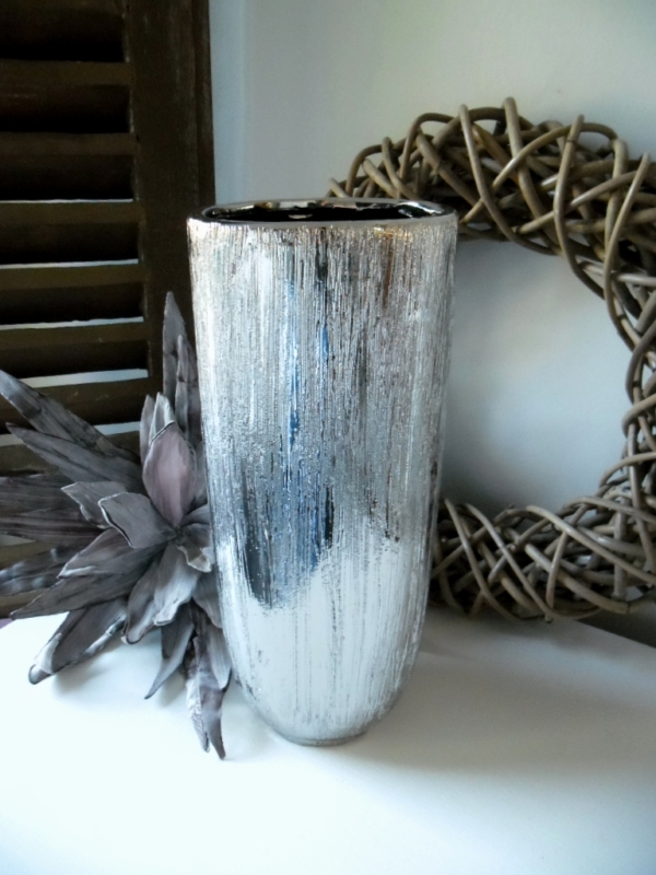 Tischvase - Keramik silber - Reliefoptik - Höhe 29 cm