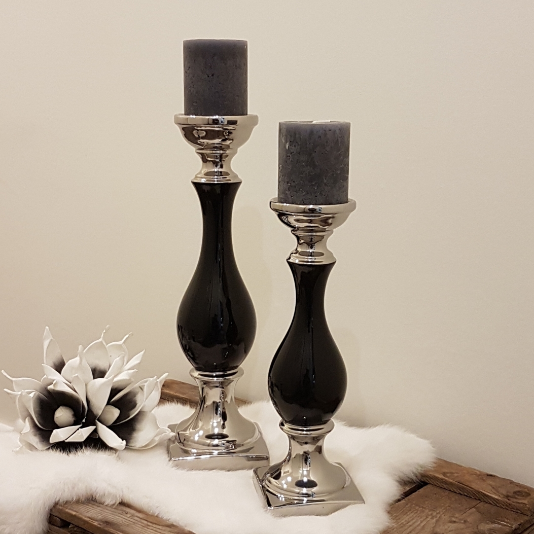 Kerzenleuchter – Keramik – schwarz / silber – 2er-Set – Höhe 31 cm und 39 cm  – Dekodreams Wolf | Kerzenständer