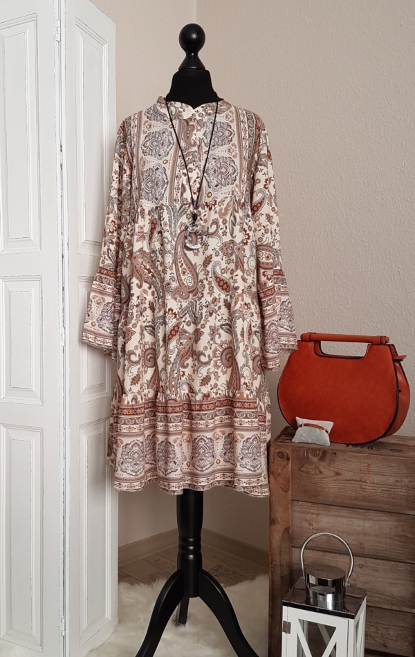 Leichtes oversize Hängerchen-Kleid / Long-Tunika - mit Paisleymuster - beige/cognac - Einheitsgröße (passend von 34 - 40)