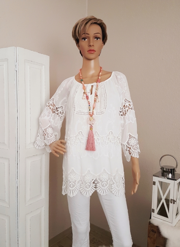 Bluse mit Häkelspitze und Blumenmuster - Einheitsgröße (passend von 36 - 42)