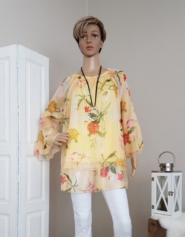 Chiffon Bluse mit Blumenprint - gelb - Einheitsgröße (passend von 36 - 42)