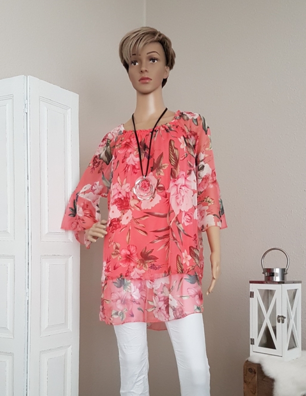 Chiffon Bluse mit Blumenprint - koralle - Einheitsgröße (passend von 36 - 42)