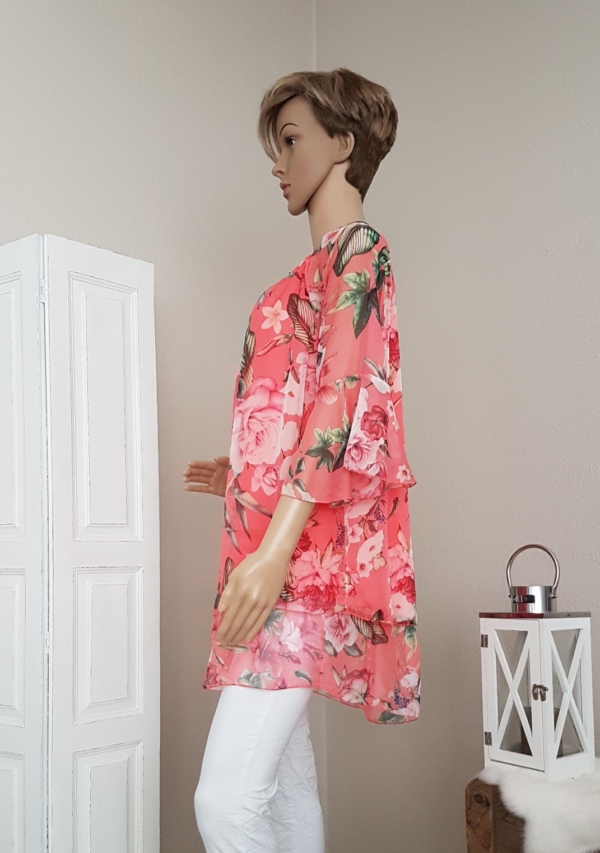 Chiffon Bluse mit Blumenprint - koralle - Einheitsgröße (passend von 36 - 42) – Bild 2