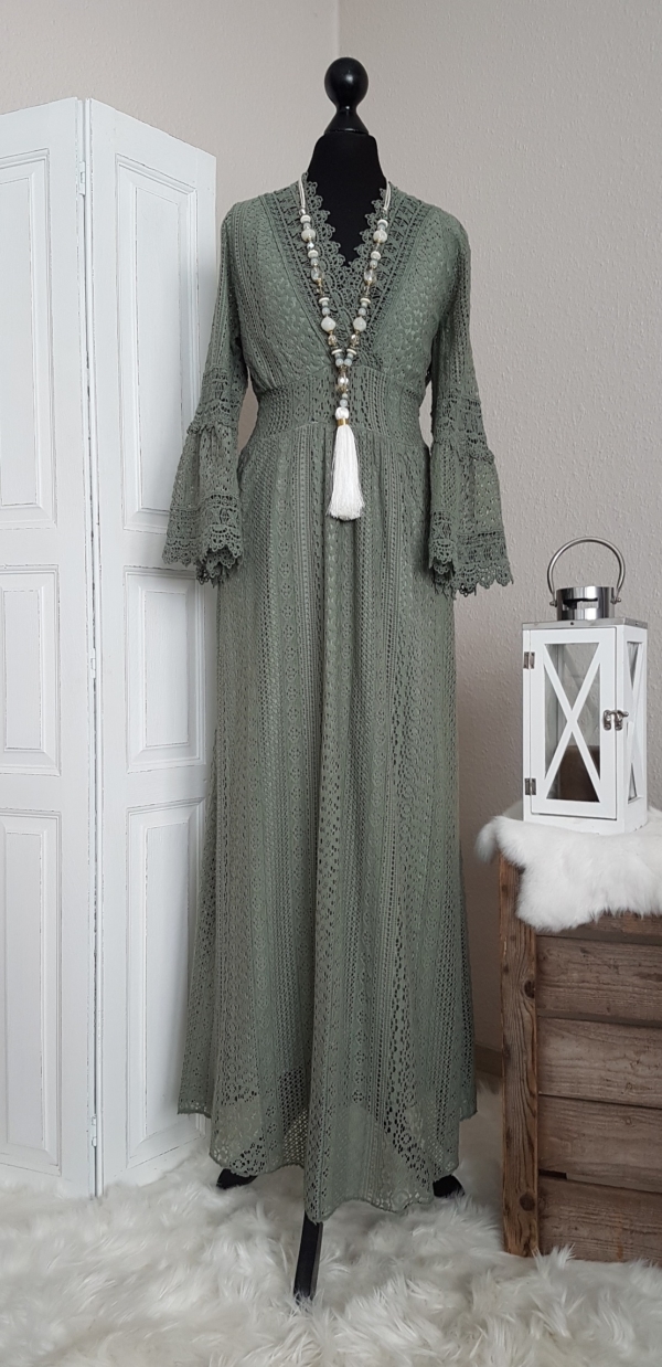 Traumhaftes Boho-Maxikleid im Empire-Stil - khaki - passend für Größe 36 - 38 - 40