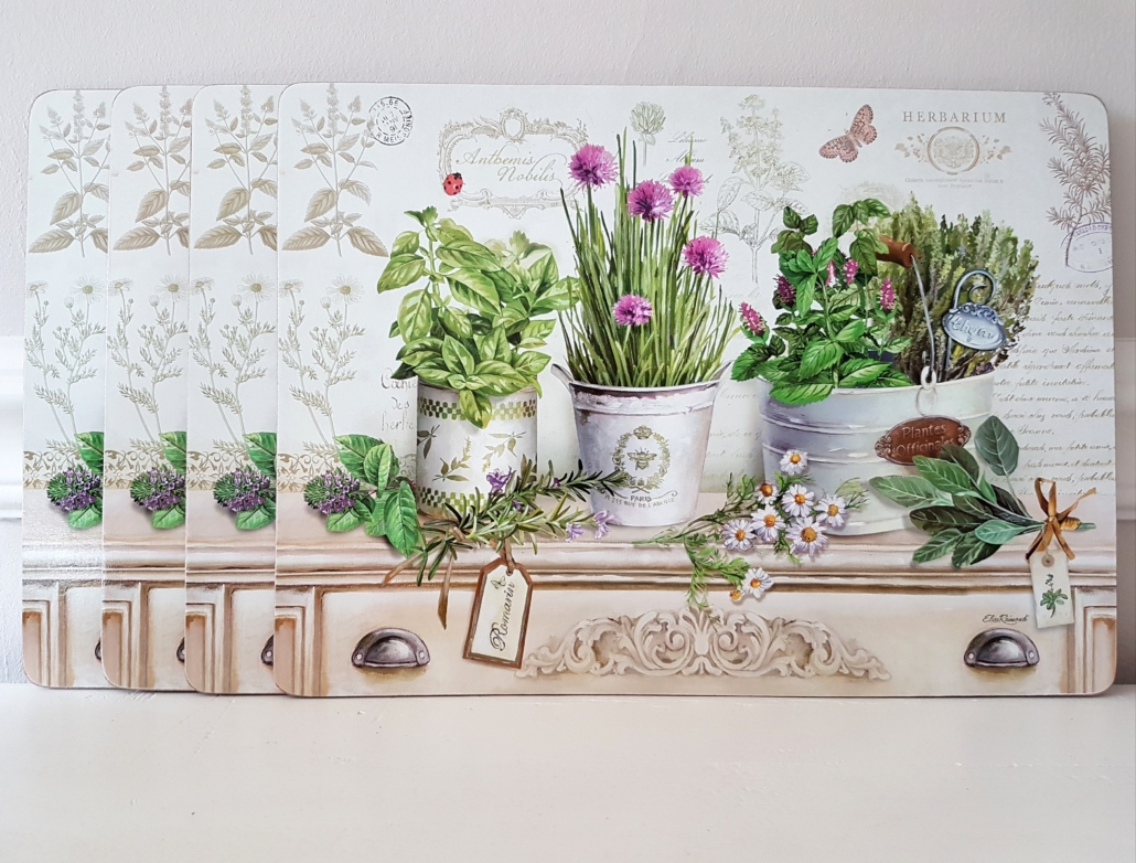 Tischsets 4-teilig – Korkunterlage „Kräutertöpfe“ Platzsets – Shabby