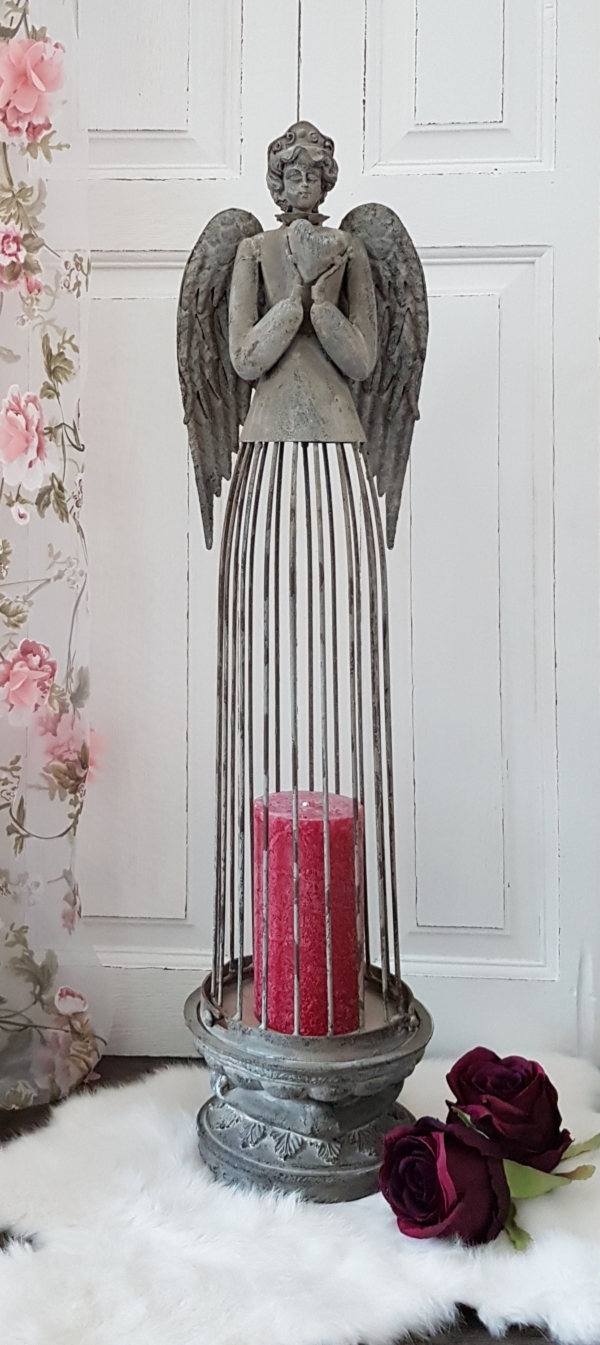 Shabby Chic Deko Engel mit Herz und Krone - 65 cm - antik-grau