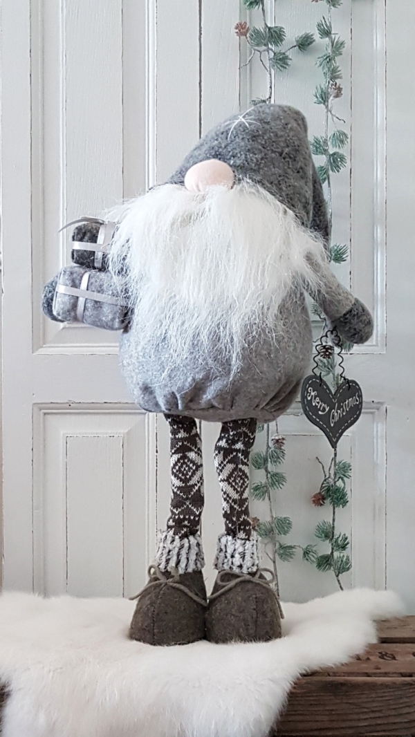XL Wichtel "Merry Christmas" - grau / weiß - 75 cm