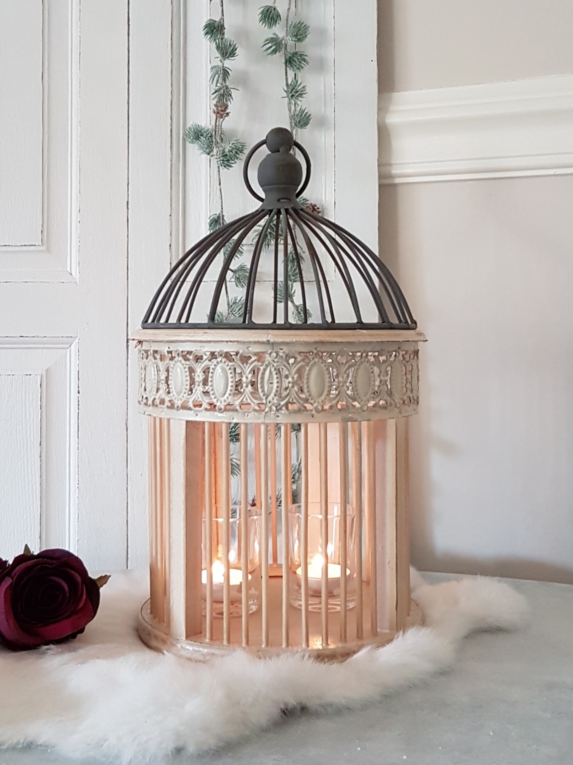 runder Vogelkäfig / Laterne mit Dekorkante Höhe 32 cm Shabby Chic