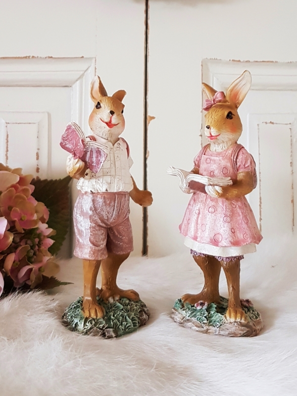 nostalgische Osterhasen mit Buch und Ranzen - rosa - 2er-Set - 15 cm