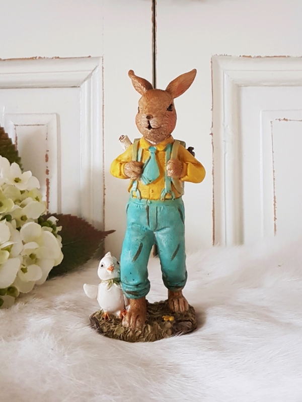 Nostalgischer Osterhase mit Rucksack - grün / gelb - 15 cm