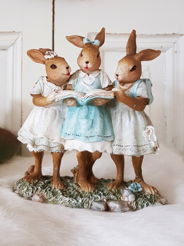 Nostalgische Hasengruppe "Mädchen mit Schulranzen" - blau / mint - Höhe 16 cm