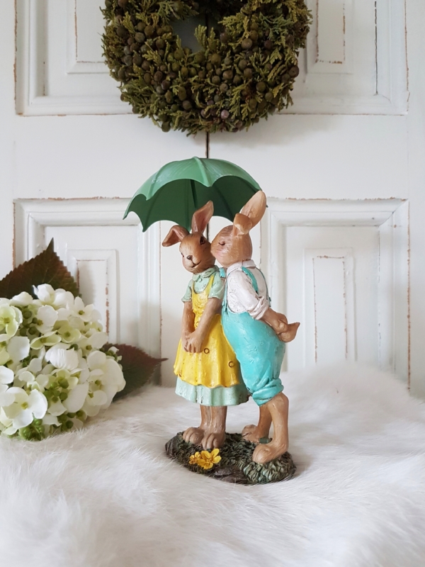 Nostalgisches Hasenpärchen mit Metall-Schirmchen - grün / gelb - Höhe 16 cm – Bild 2