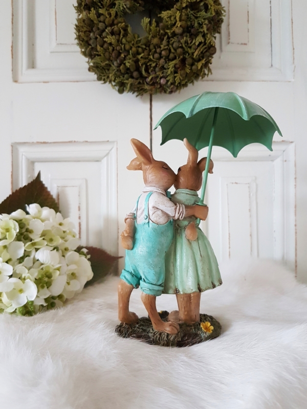 Nostalgisches Hasenpärchen mit Metall-Schirmchen - grün / gelb - Höhe 16 cm – Bild 3