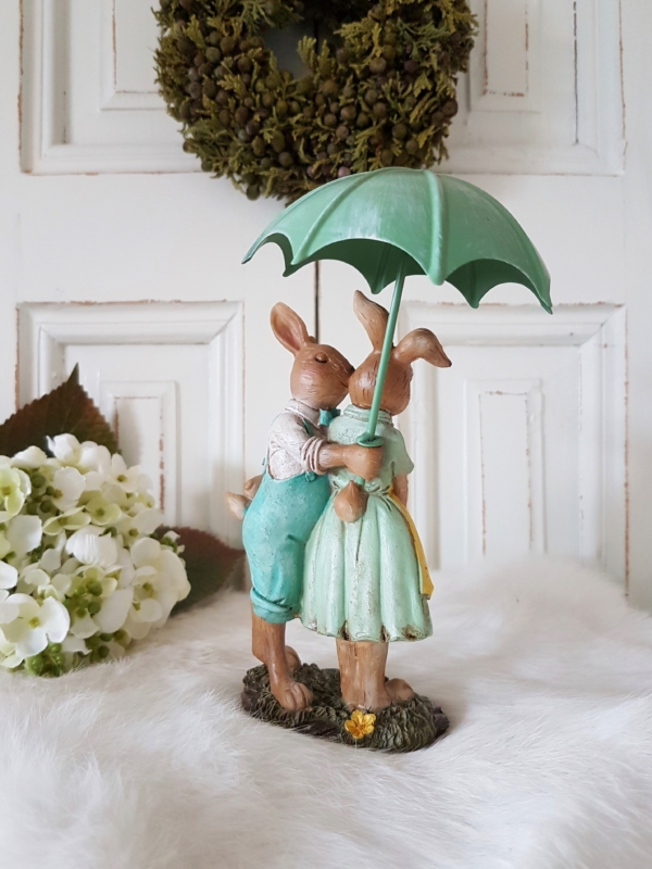 Nostalgisches Hasenpärchen mit Metall-Schirmchen - grün / gelb - Höhe 16 cm – Bild 4