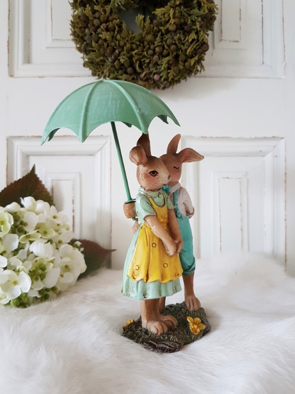 Nostalgisches Hasenpärchen mit Metall-Schirmchen - grün / gelb - Höhe 16 cm – Bild 5