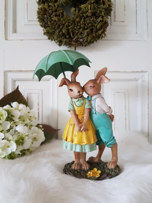 Nostalgisches Hasenpärchen mit Metall-Schirmchen - grün / gelb - Höhe 16 cm – Bild 7