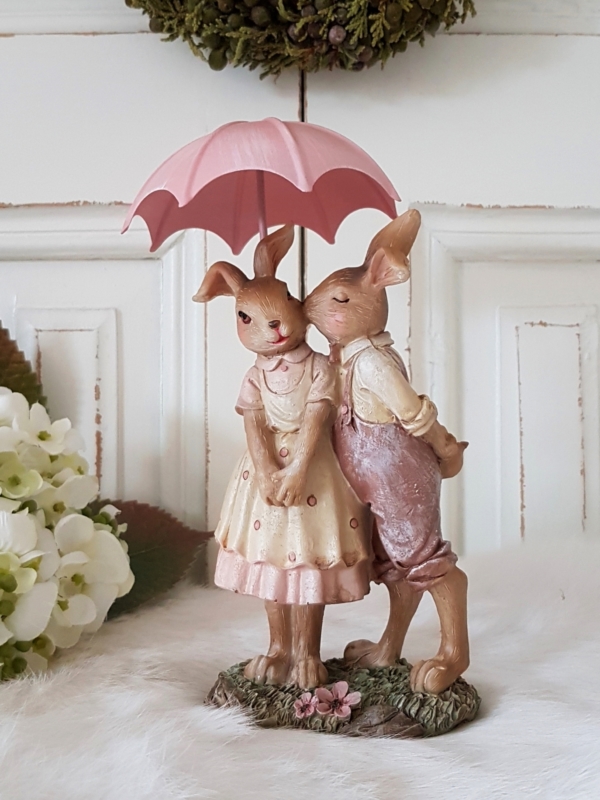 Nostalgisches Hasenpärchen mit Metall-Schirmchen - rosa - Höhe 16 cm