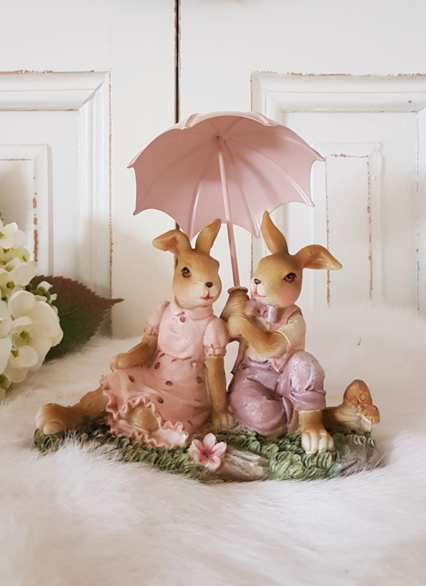 Nostalgisches Hasenpärchen mit Metall-Schirmchen - rosa - Höhe 10 cm