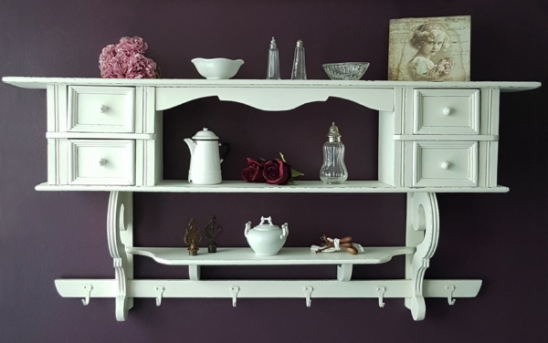 großes antikes Wandregal mit 4 Schubladen - weiß - Breite 124 cm - Shabby Chic