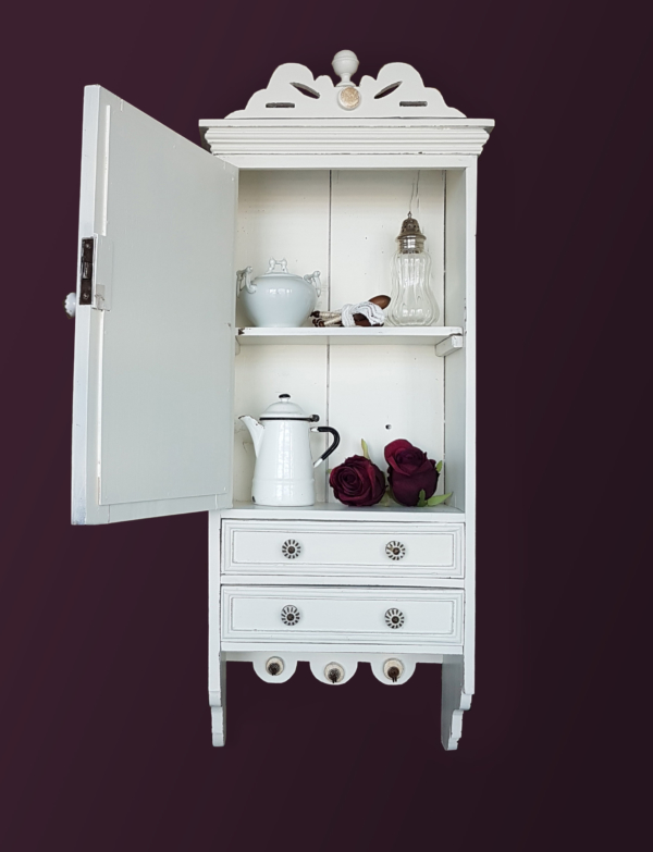 antikes Spiegelschränkchen mit 2 Schubladen und Hakenleiste - weiß - Shabby Chic – Bild 2