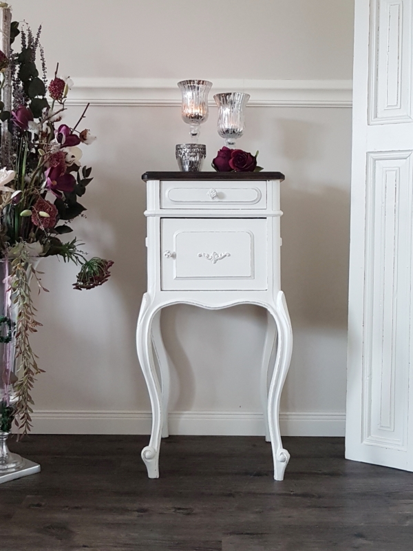 antiker Eichen Nachttisch - weiß mit dunkler Deckplatte - Shabby Chic