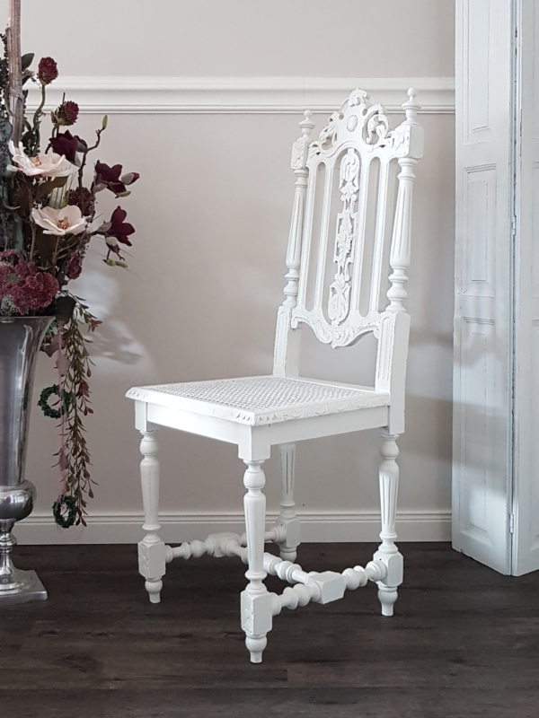 Antiker Gründerzeit-Stuhl mit Original Wiener Geflecht und aufwendiger Schnitzerei - weiß - Shabby Chic – Bild 2