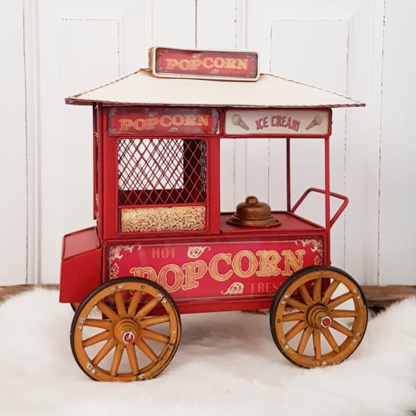 nostalgischer Popcornwagen als Spardose aus Eisenblech