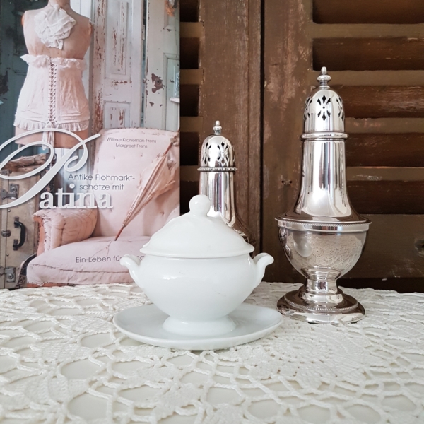 antikes Senftöpfchen mit Deckel - Moutardier - Frankreich - weiß - Shabby Chic