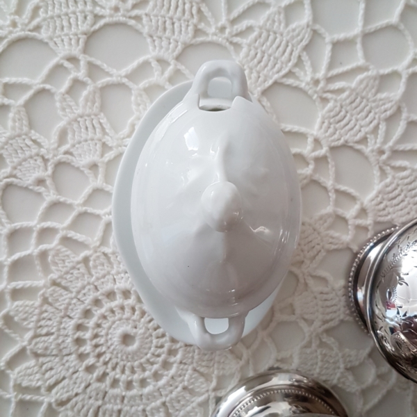 antikes Senftöpfchen mit Deckel - Moutardier - Frankreich - weiß - Shabby Chic – Bild 6