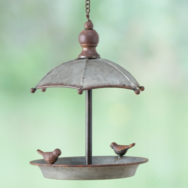 romantische Vogeltränke / Futterschale "Coco" mit Regenschirm Dach - Zink - Höhe 23 cm