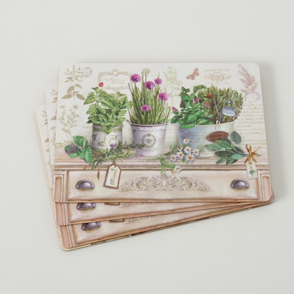 Tischsets / Platzsets "Kräutertöpfe" - 4-teilig - Korkeiche / MDF - Shabby Landhaus