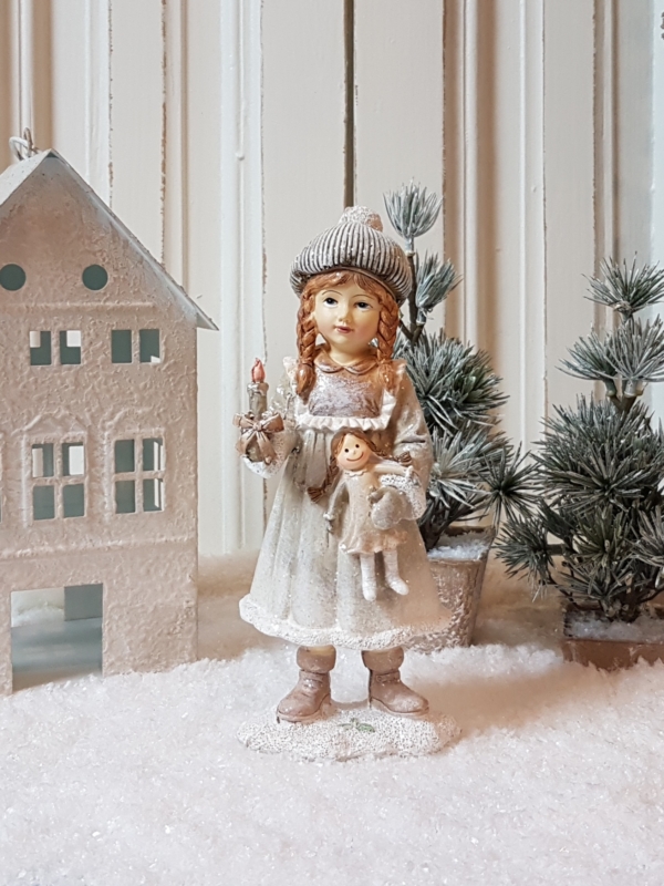 großes nostalgisches Winterkind - weiß / grau - Höhe 19 cm